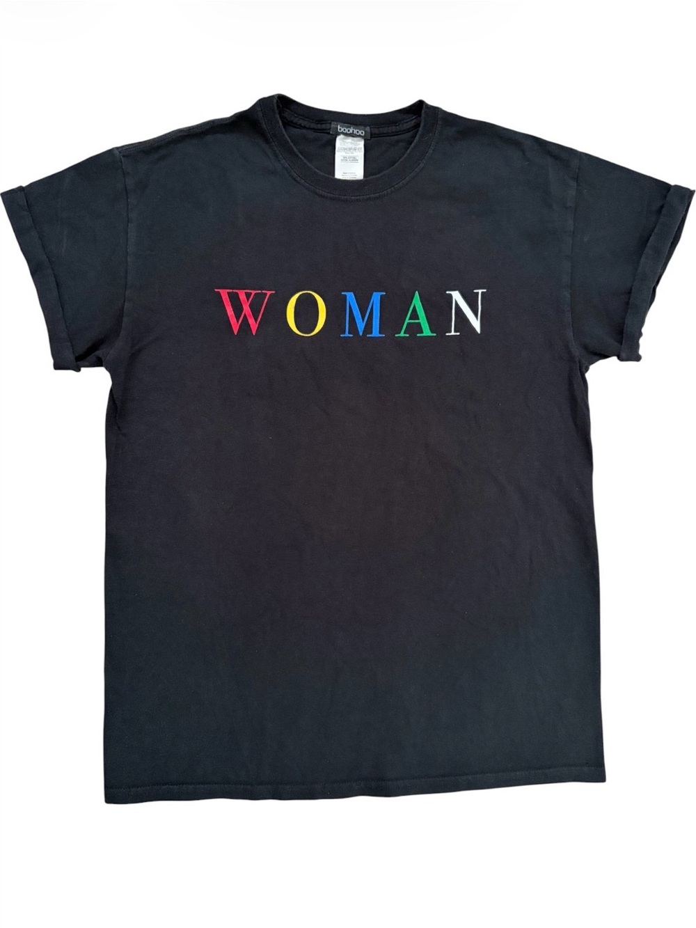 ‘WOMAN’ Black T-shirt Boohoo Size Medium